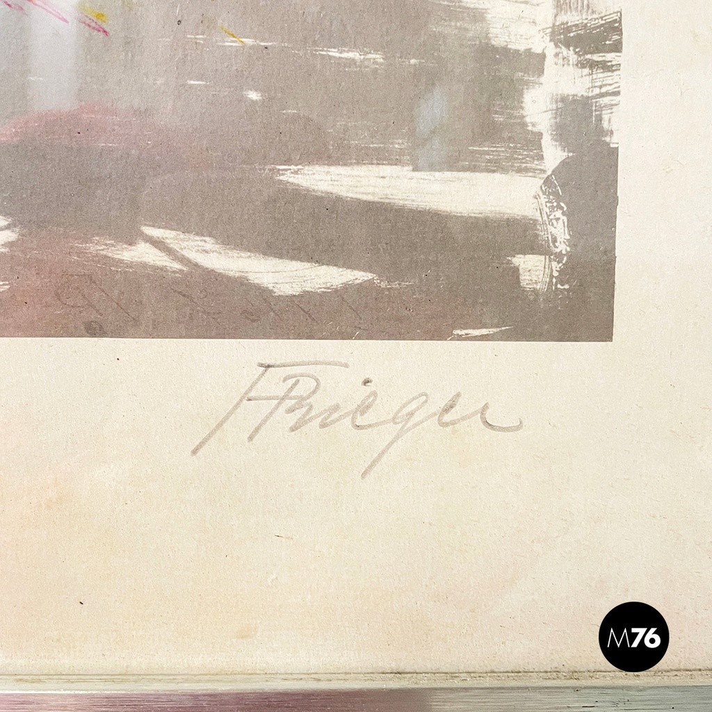 Italian modern lithographic print of winter landscape in metal frame, 1970s