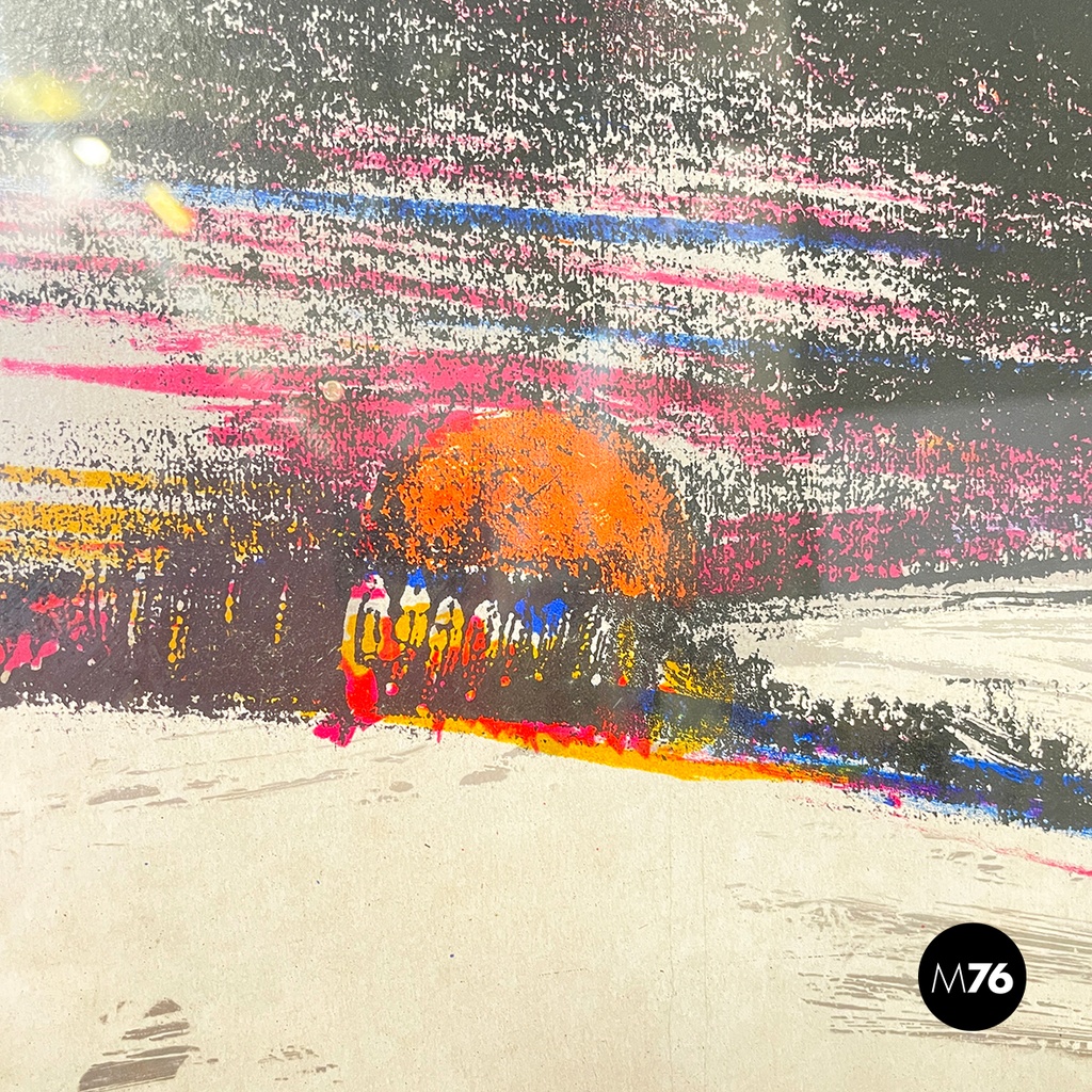 Italian modern lithographic print of winter landscape in metal frame, 1970s