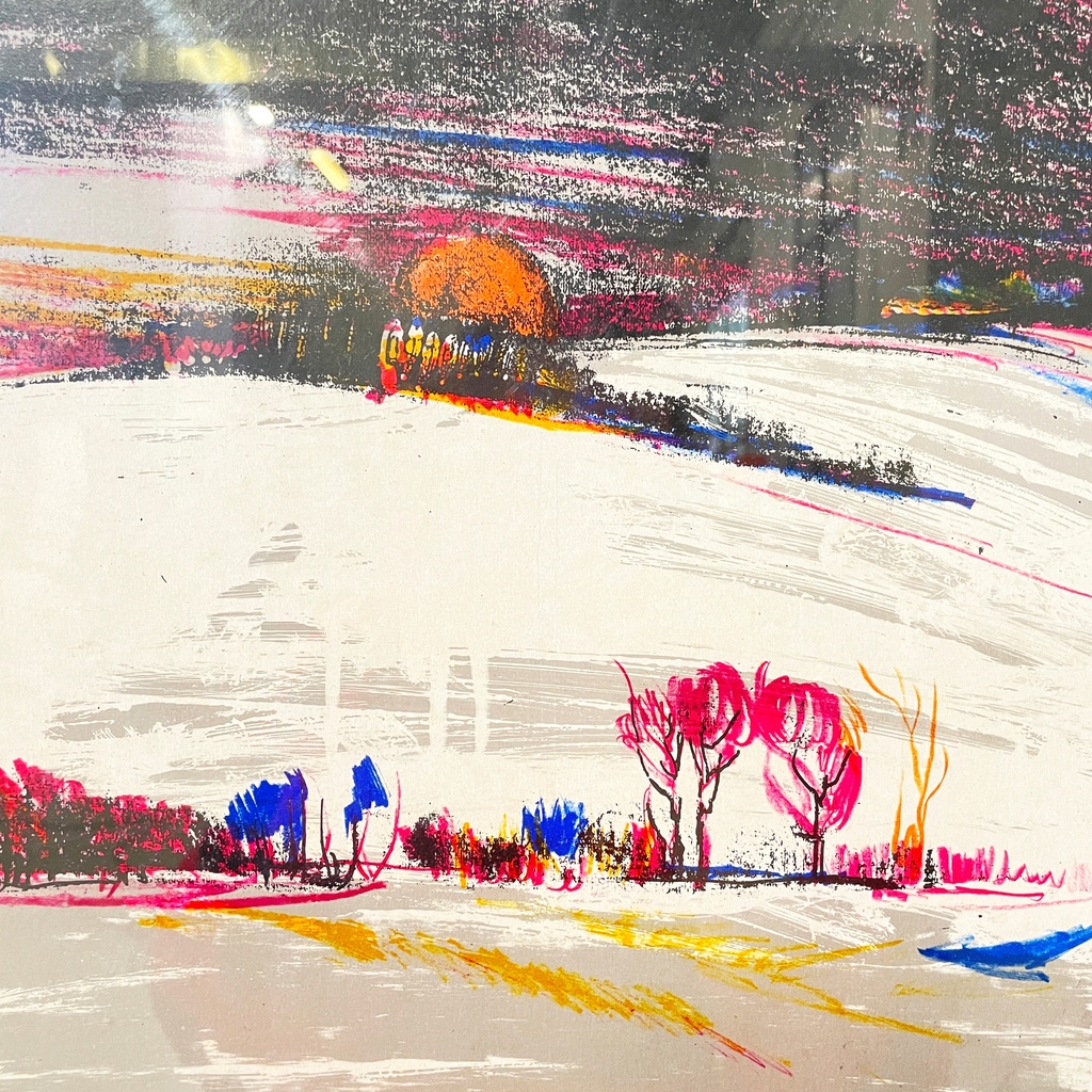 Italian modern lithographic print of winter landscape in metal frame, 1970s