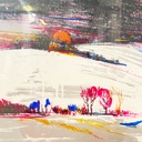 Italian modern lithographic print of winter landscape in metal frame, 1970s