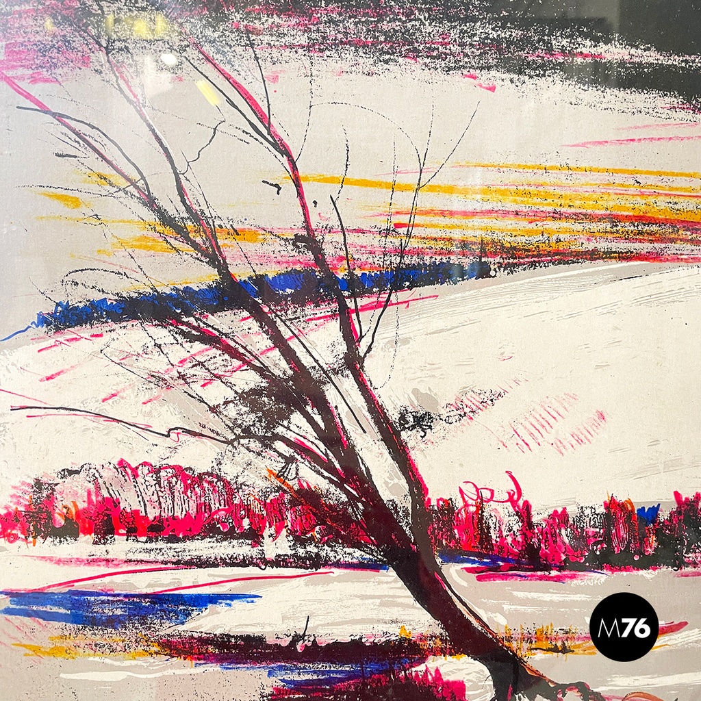 Italian modern lithographic print of winter landscape in metal frame, 1970s