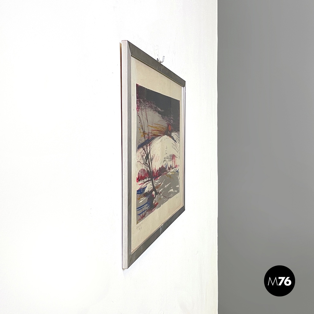 Italian modern lithographic print of winter landscape in metal frame, 1970s