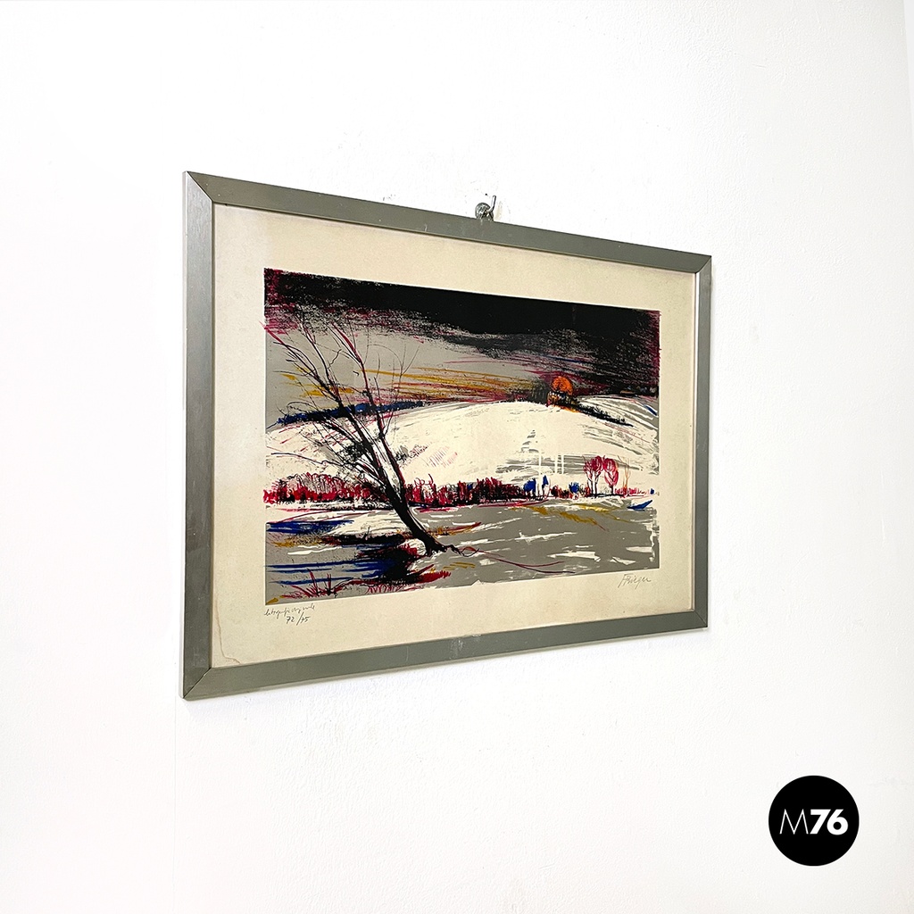 Italian modern lithographic print of winter landscape in metal frame, 1970s