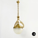 Italian liberty Chandelier in molded satin glass and brass, early 1900s