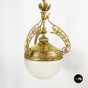 Italian liberty Chandelier in molded satin glass and brass, early 1900s