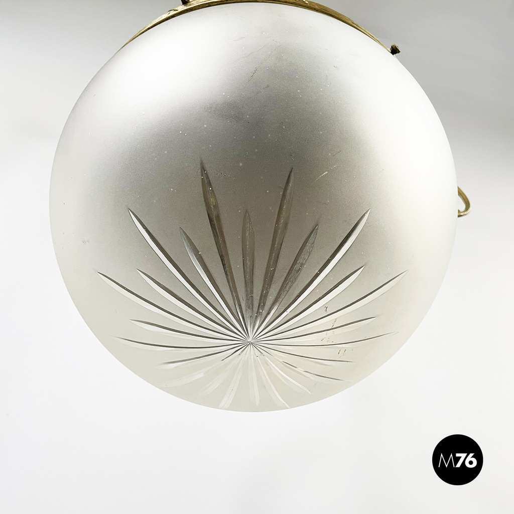 Italian liberty Chandelier in molded satin glass and brass, early 1900s