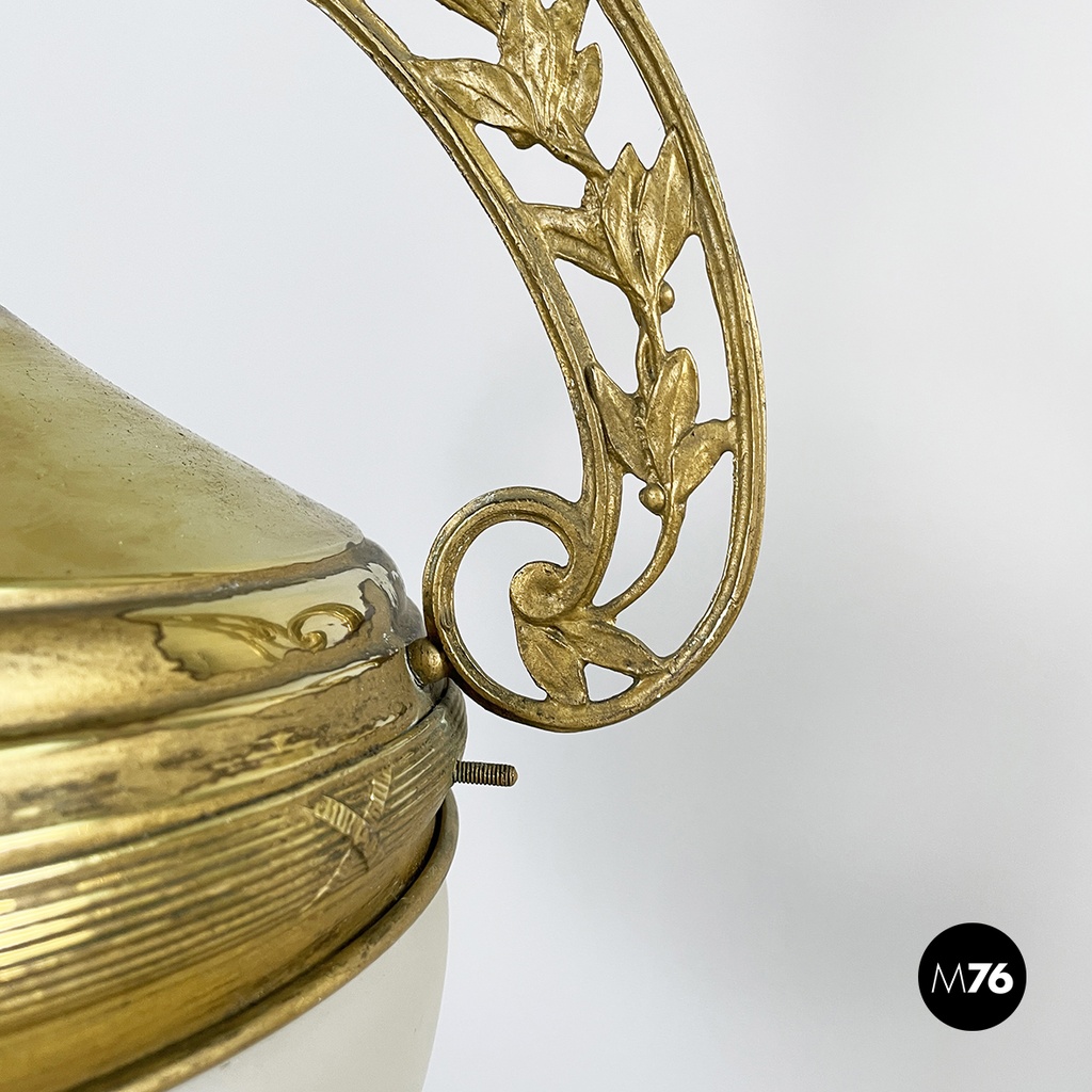 Italian liberty Chandelier in molded satin glass and brass, early 1900s
