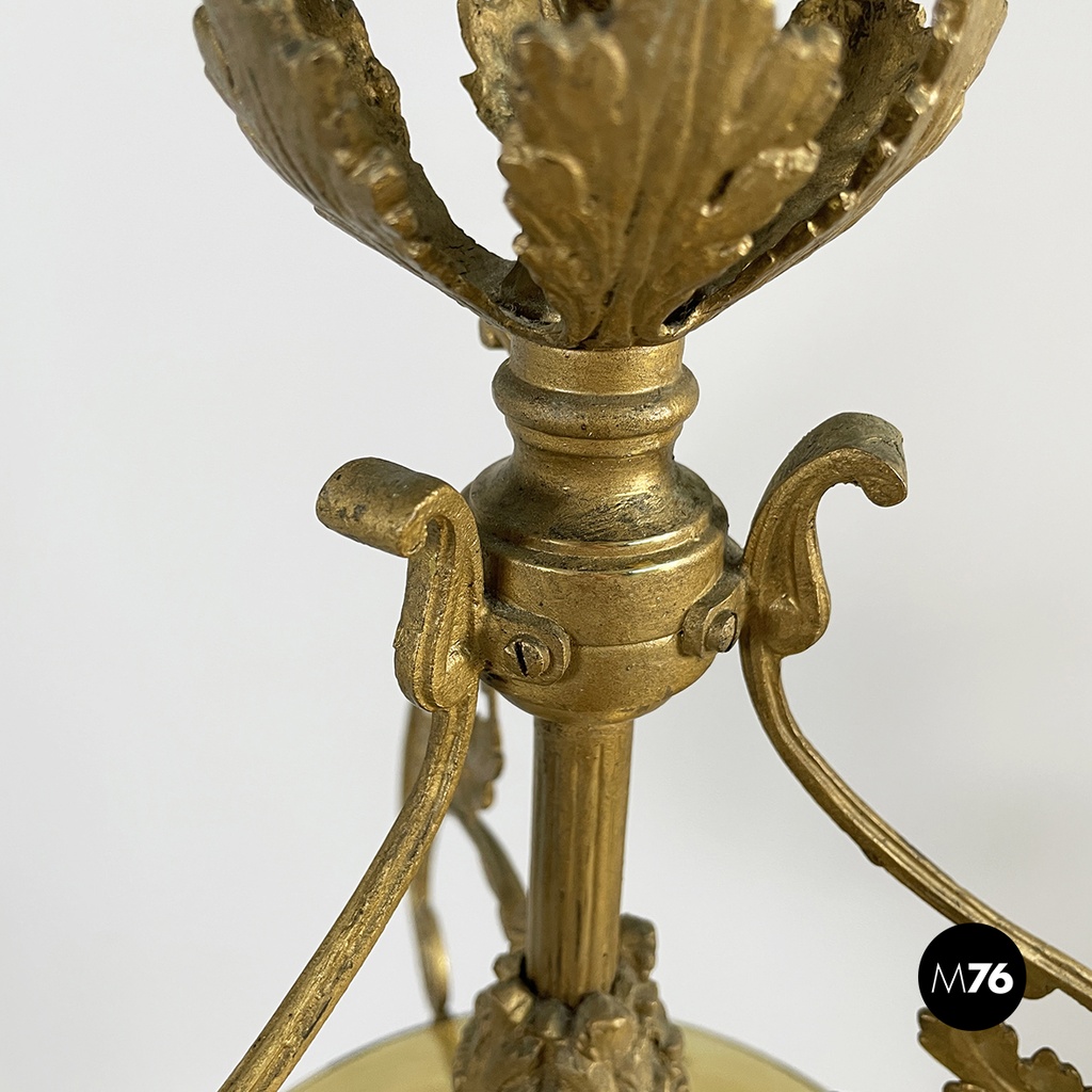 Italian liberty Chandelier in molded satin glass and brass, early 1900s