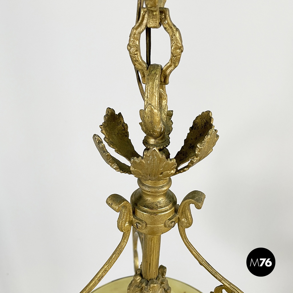 Italian liberty Chandelier in molded satin glass and brass, early 1900s