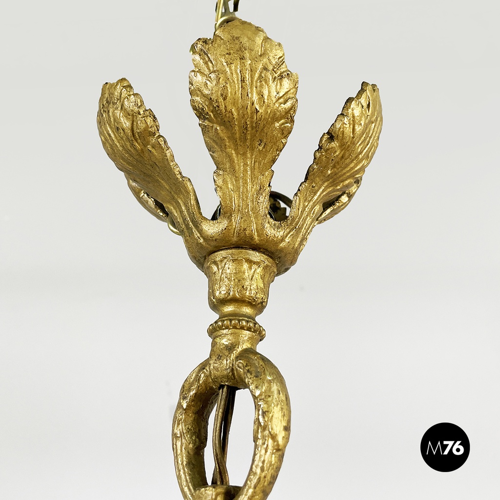 Italian liberty Chandelier in molded satin glass and brass, early 1900s