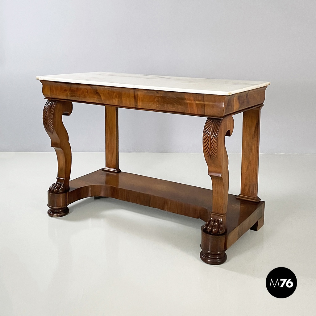 Italian Carlo X Wall console in white marble and wood, early 1800s
