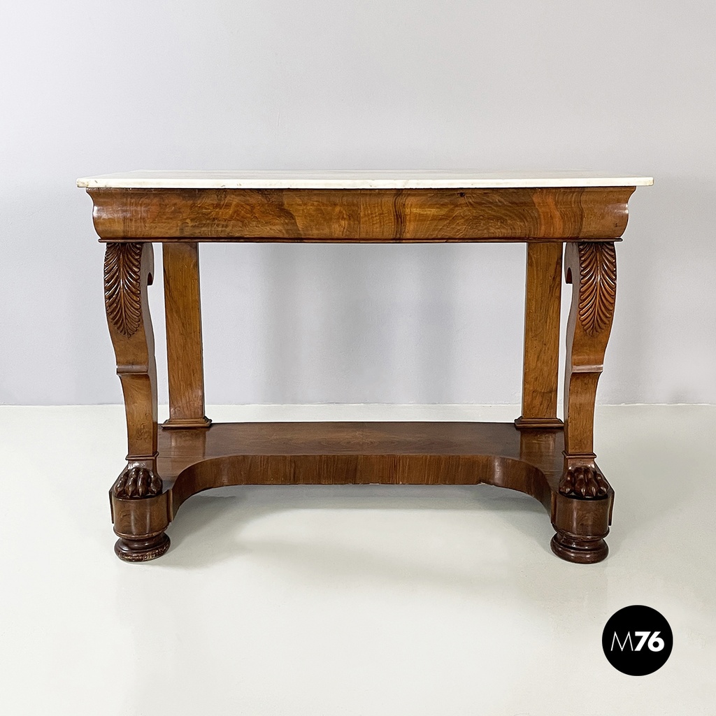 Italian Carlo X Wall console in white marble and wood, early 1800s