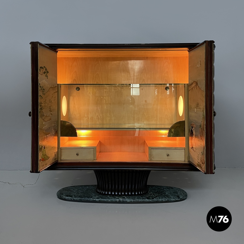 Italian Art Deco wood and green marble bar cabinet Japanese style painting 1940s