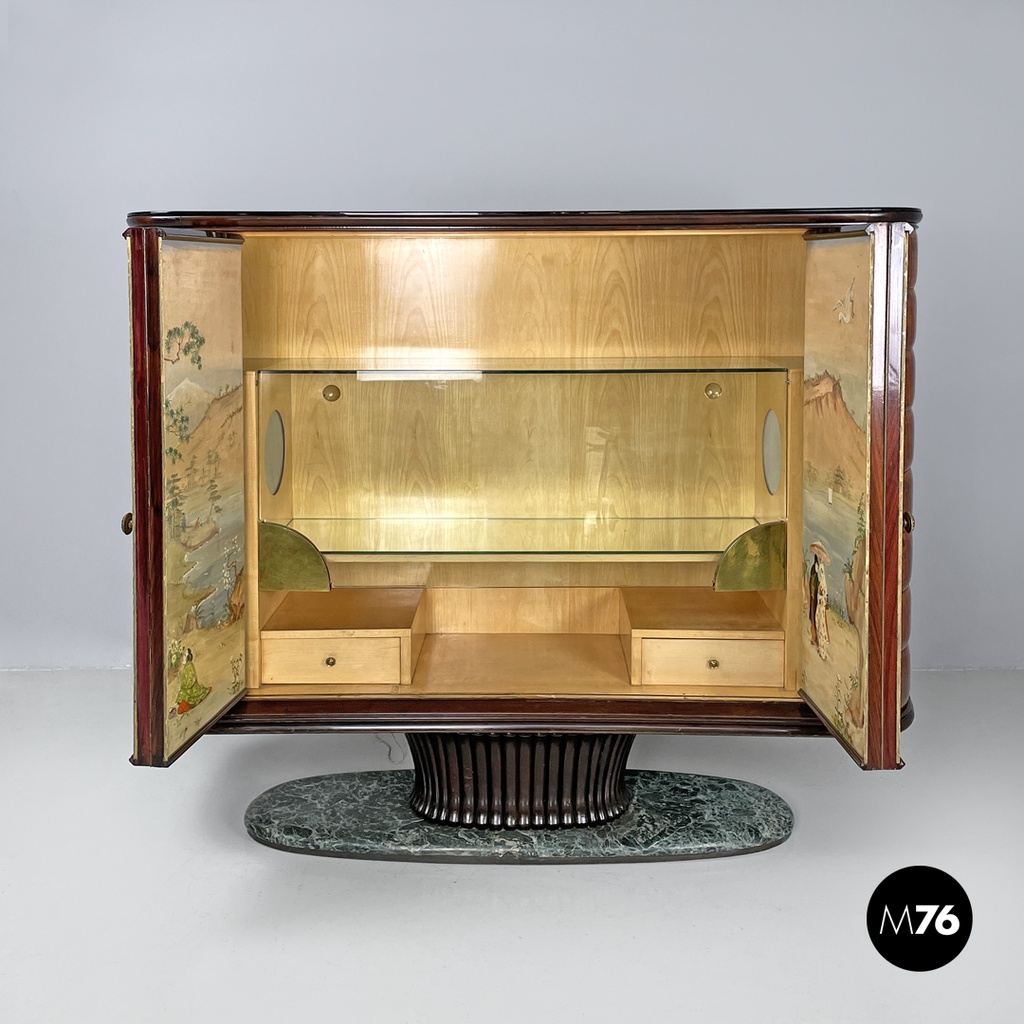 Italian Art Deco wood and green marble bar cabinet Japanese style painting 1940s