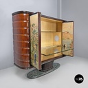 Italian Art Deco wood and green marble bar cabinet Japanese style painting 1940s