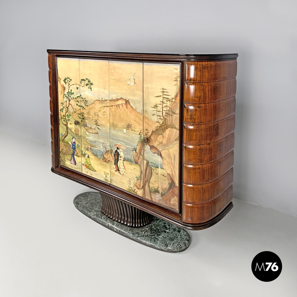 Italian Art Deco wood and green marble bar cabinet Japanese style painting 1940s