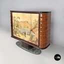 Italian Art Deco wood and green marble bar cabinet Japanese style painting 1940s