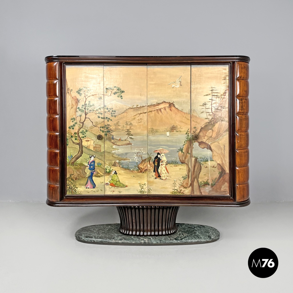 Italian Art Deco wood and green marble bar cabinet Japanese style painting 1940s