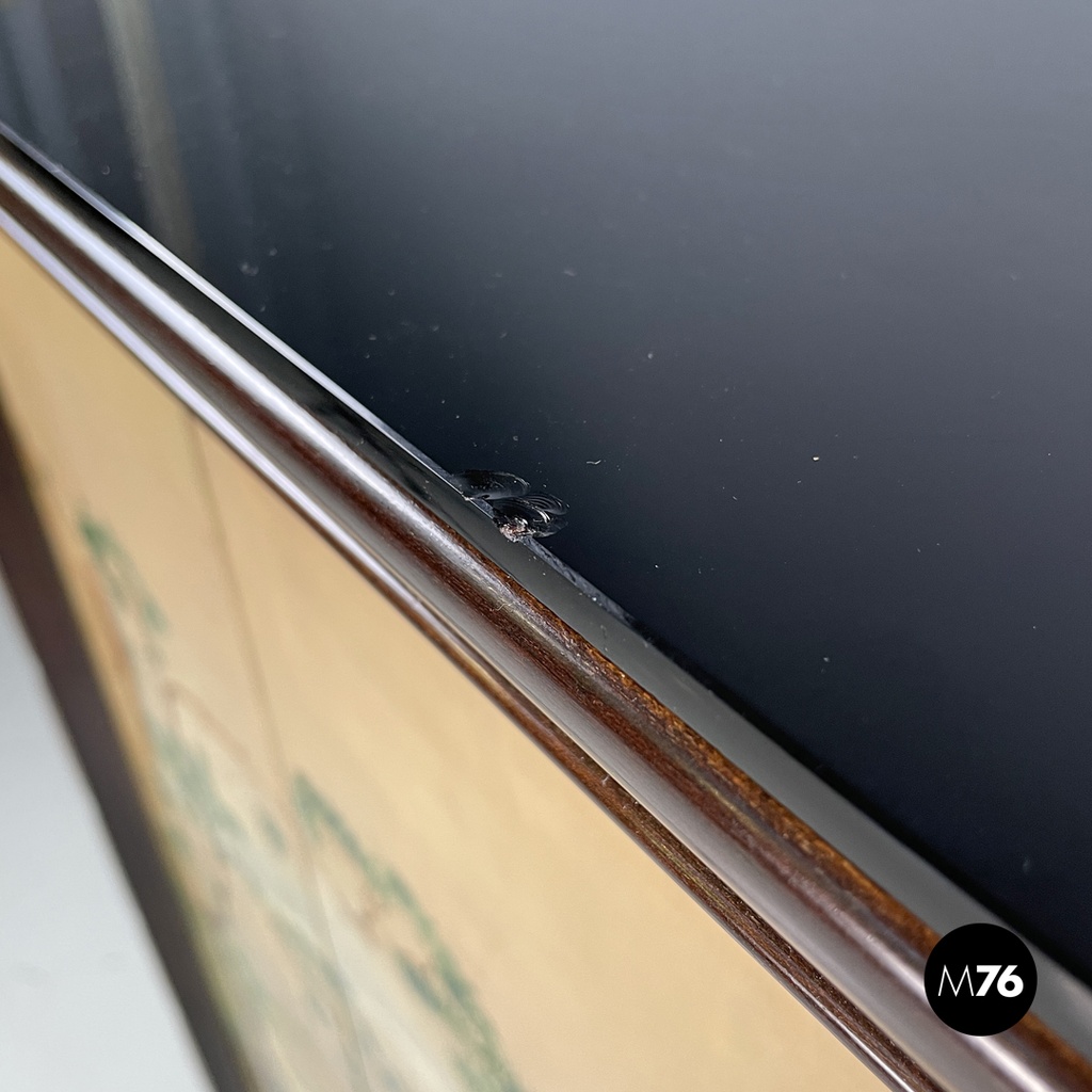 Italian Art Deco wood and green marble bar cabinet Japanese style painting 1940s