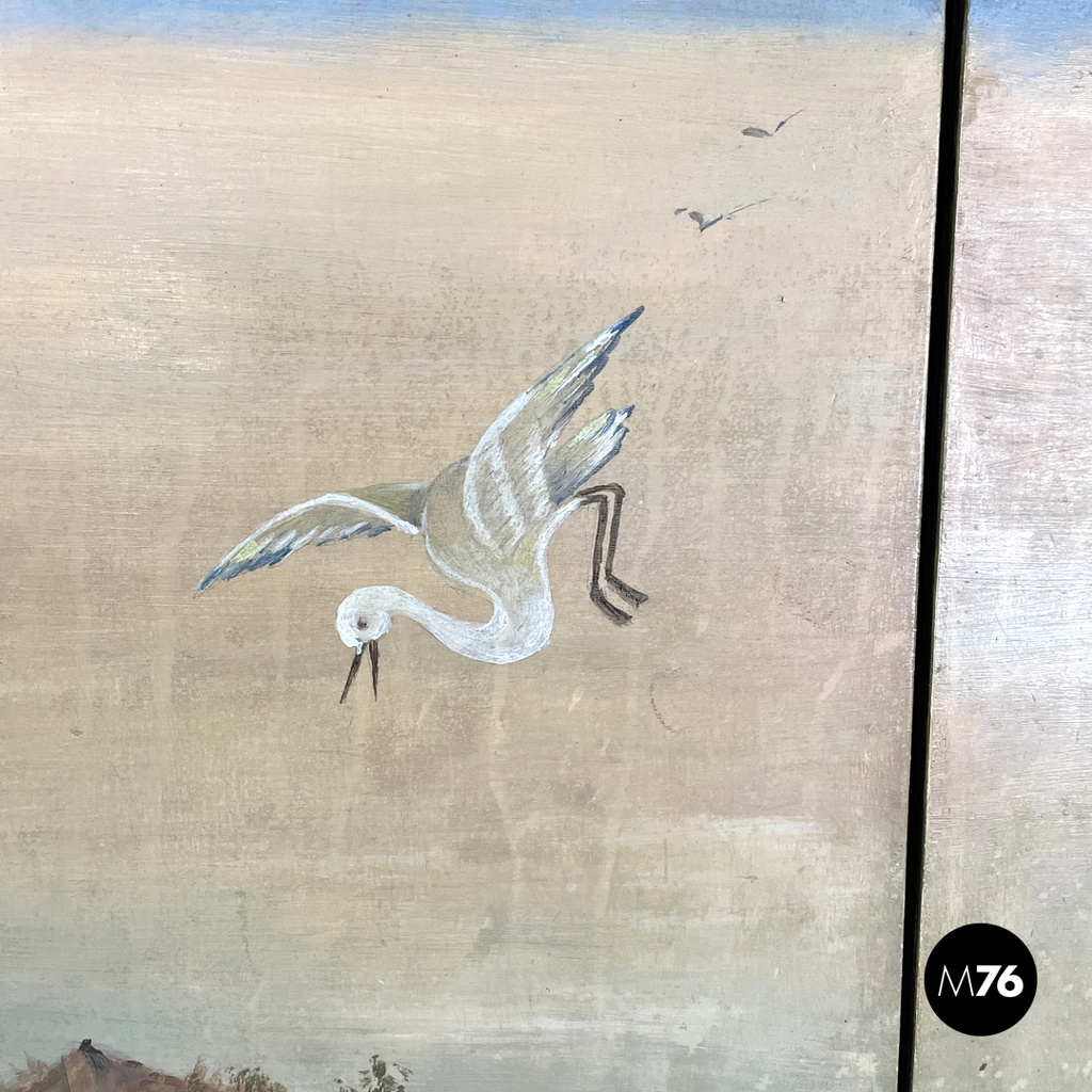 Italian Art Deco wood and green marble bar cabinet Japanese style painting 1940s