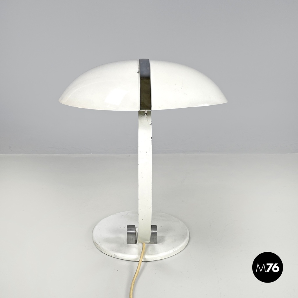 Italian modern round base white metal table lamp with silver accents, 1970s