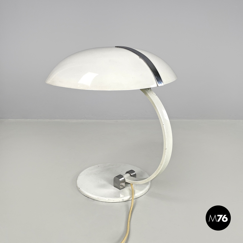 Italian modern round base white metal table lamp with silver accents, 1970s