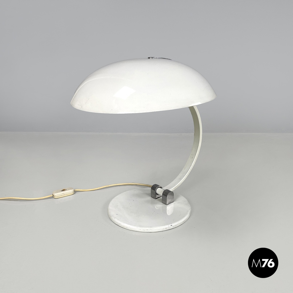 Italian modern round base white metal table lamp with silver accents, 1970s