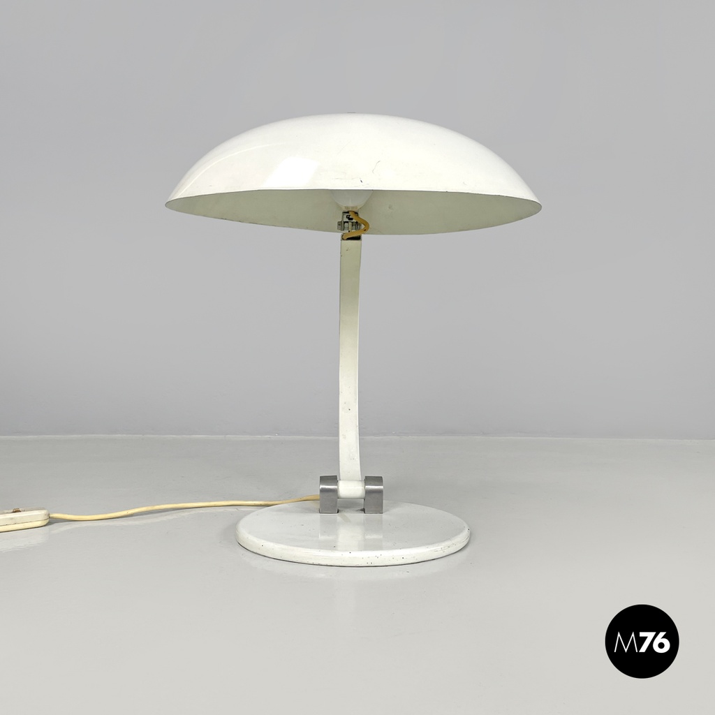 Italian modern round base white metal table lamp with silver accents, 1970s