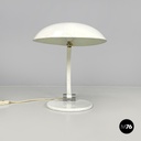 Italian modern round base white metal table lamp with silver accents, 1970s