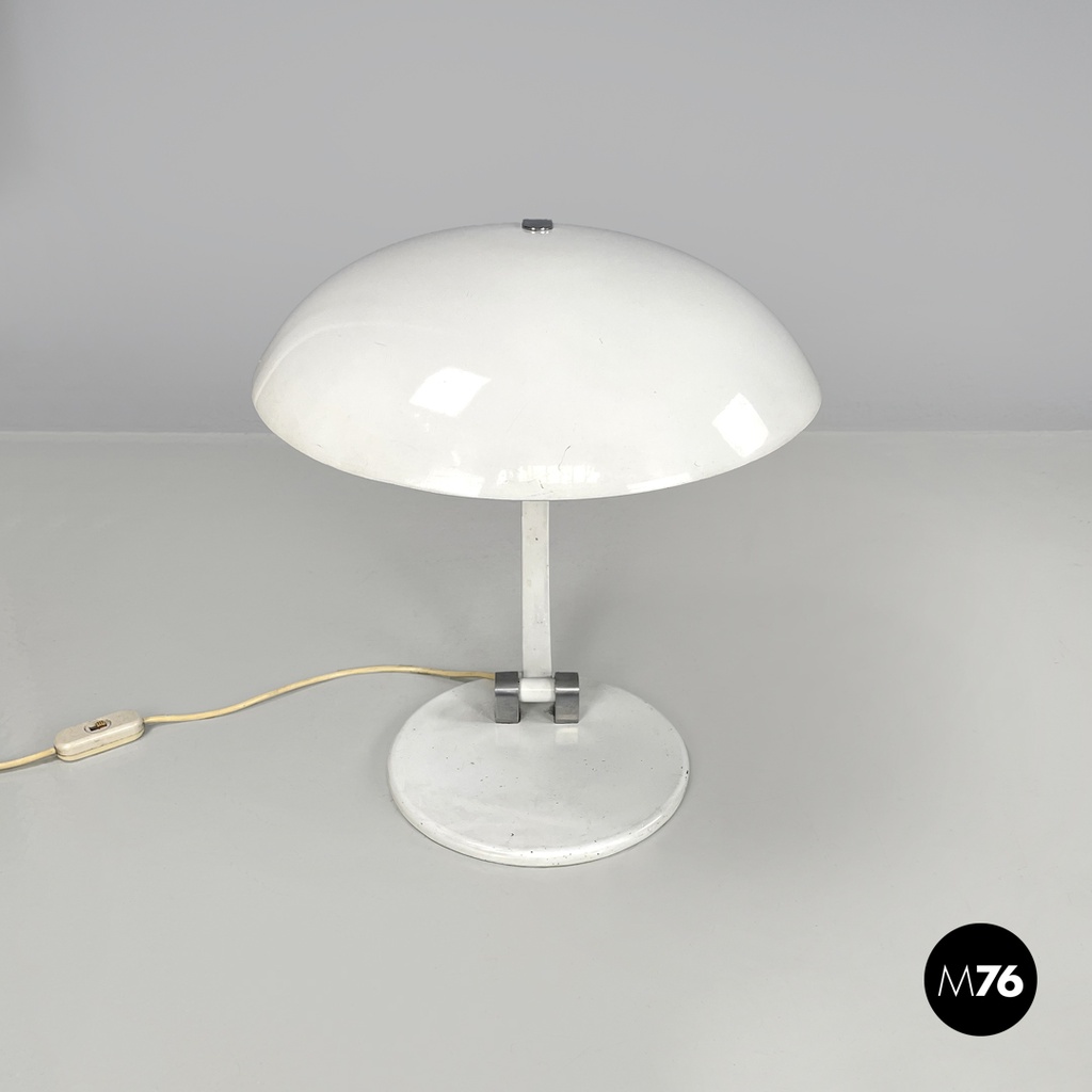 Italian modern round base white metal table lamp with silver accents, 1970s