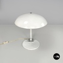 Italian modern round base white metal table lamp with silver accents, 1970s