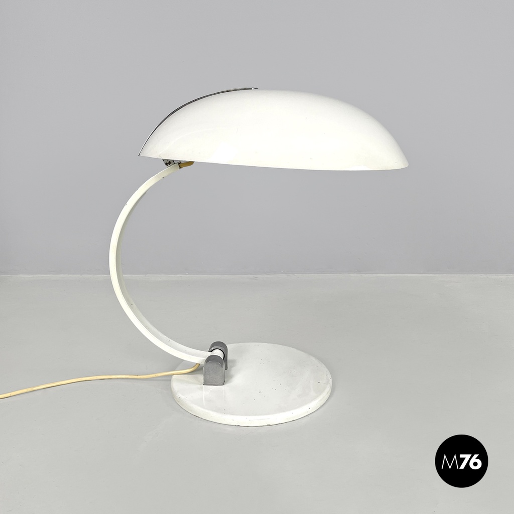 Italian modern round base white metal table lamp with silver accents, 1970s