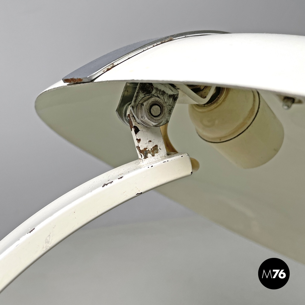 Italian modern round base white metal table lamp with silver accents, 1970s