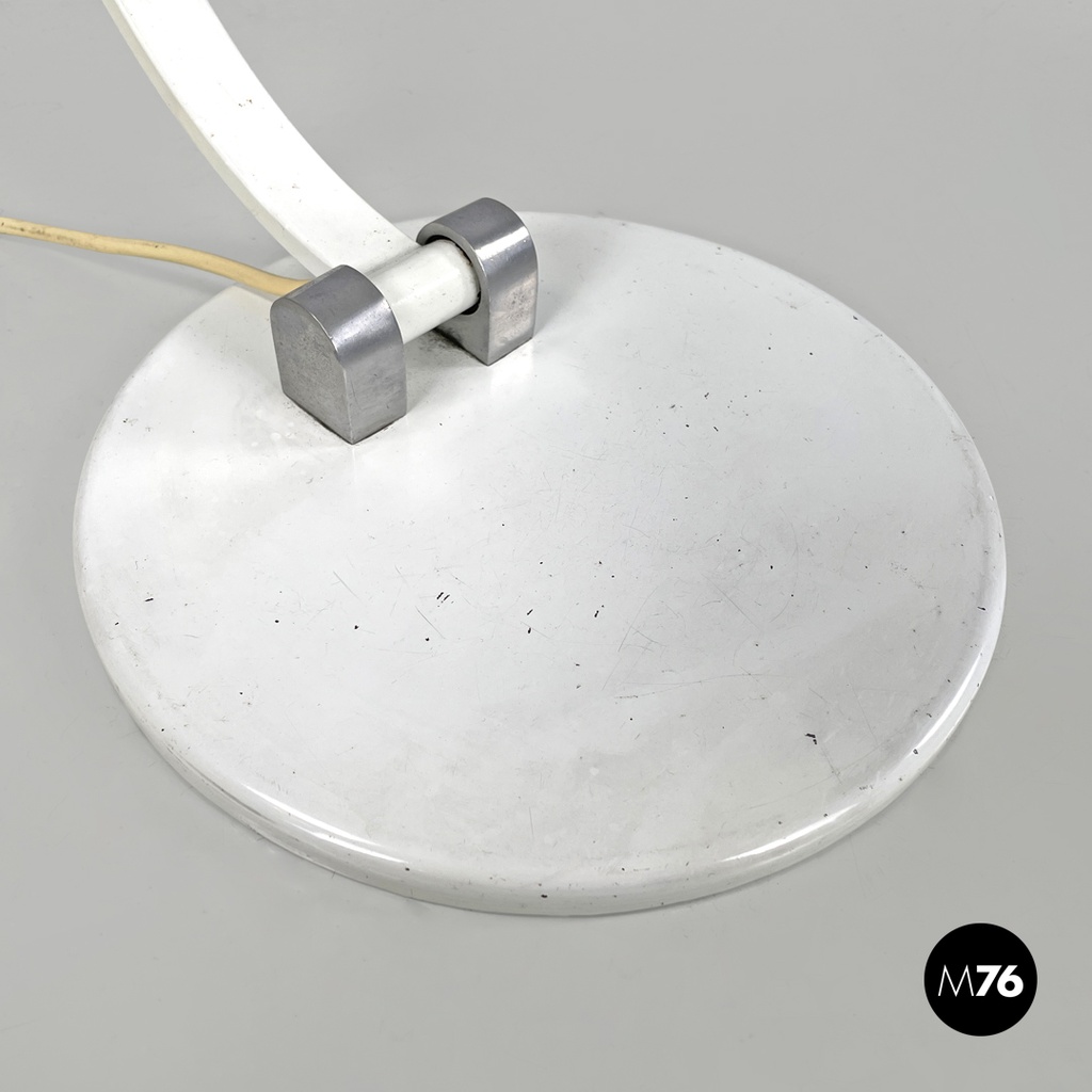 Italian modern round base white metal table lamp with silver accents, 1970s