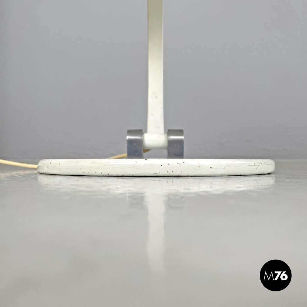 Italian modern round base white metal table lamp with silver accents, 1970s