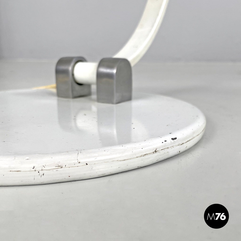 Italian modern round base white metal table lamp with silver accents, 1970s