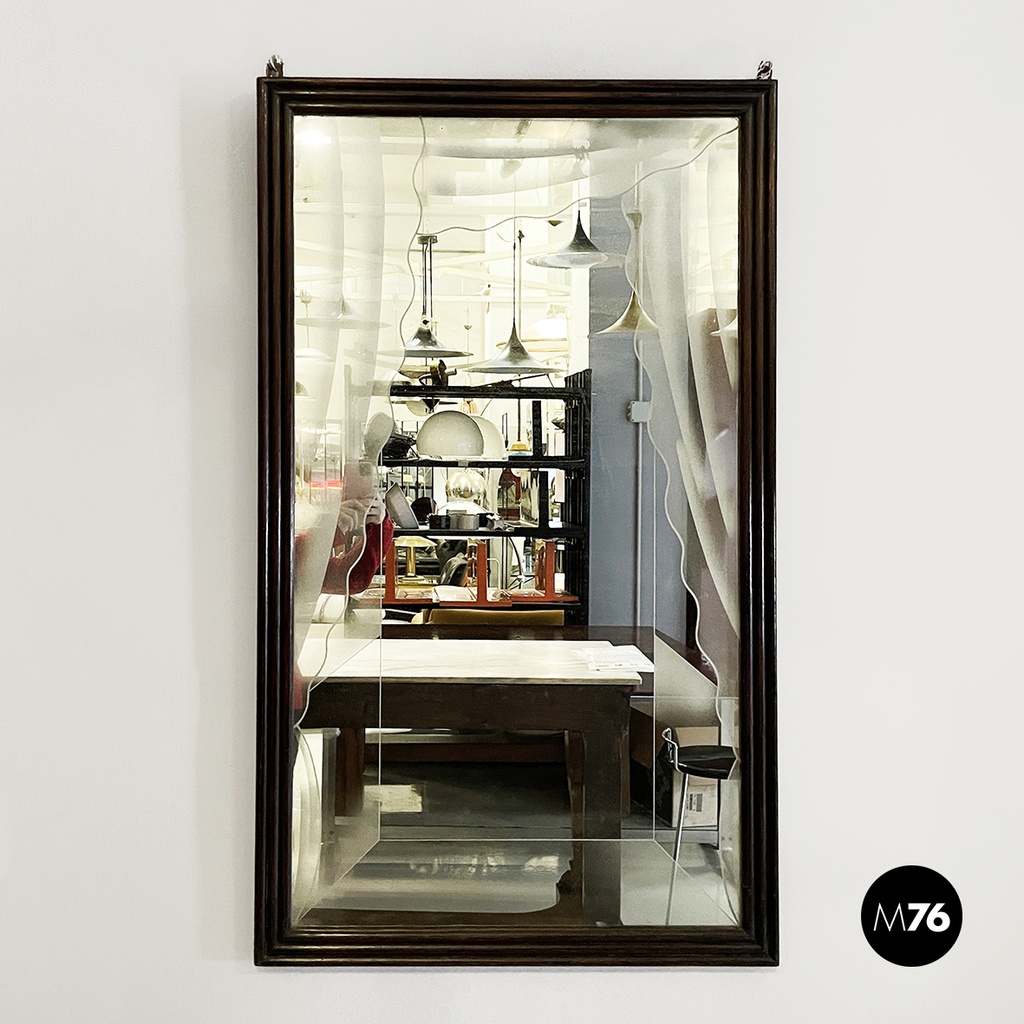 Italian art deco Wall mirror with acidified decorations in grissinato wood 1930s