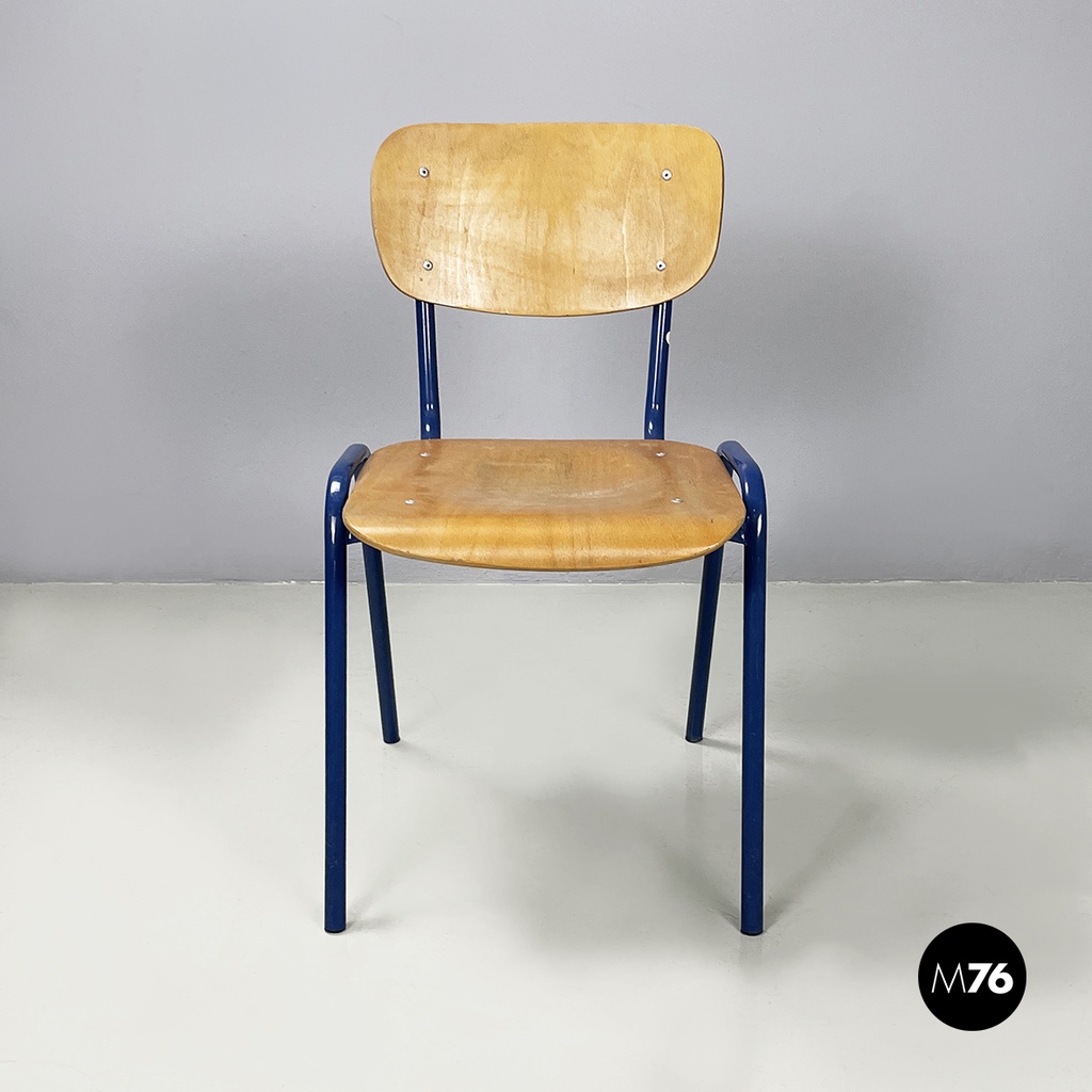 Italian modern Chair in wood and blue metal, 1970s