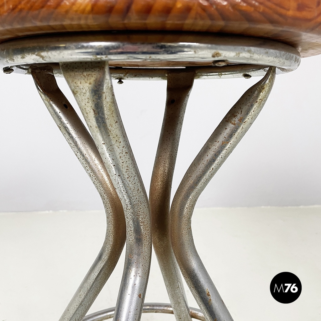 Italian mid-century modern round table stool in metal and wood, 1960s