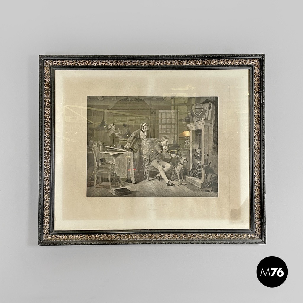 English antique etching print with black wood and golden metal frame, 1863