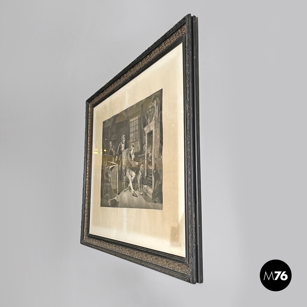 English antique etching print with black wood and golden metal frame, 1863