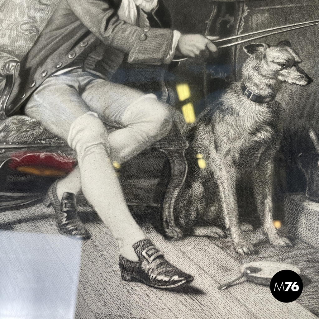 English antique etching print with black wood and golden metal frame, 1863