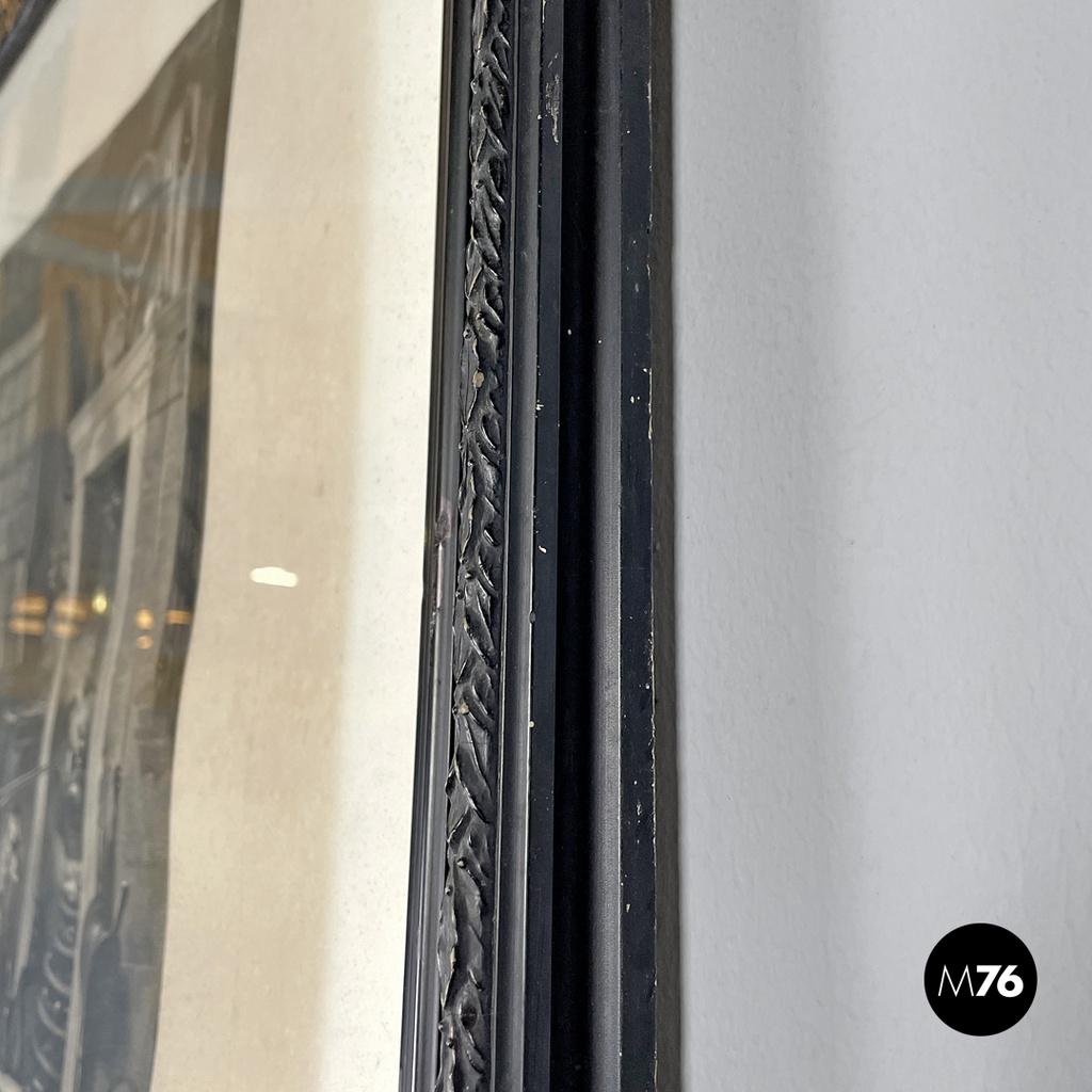 English antique etching print with black wood and golden metal frame, 1863