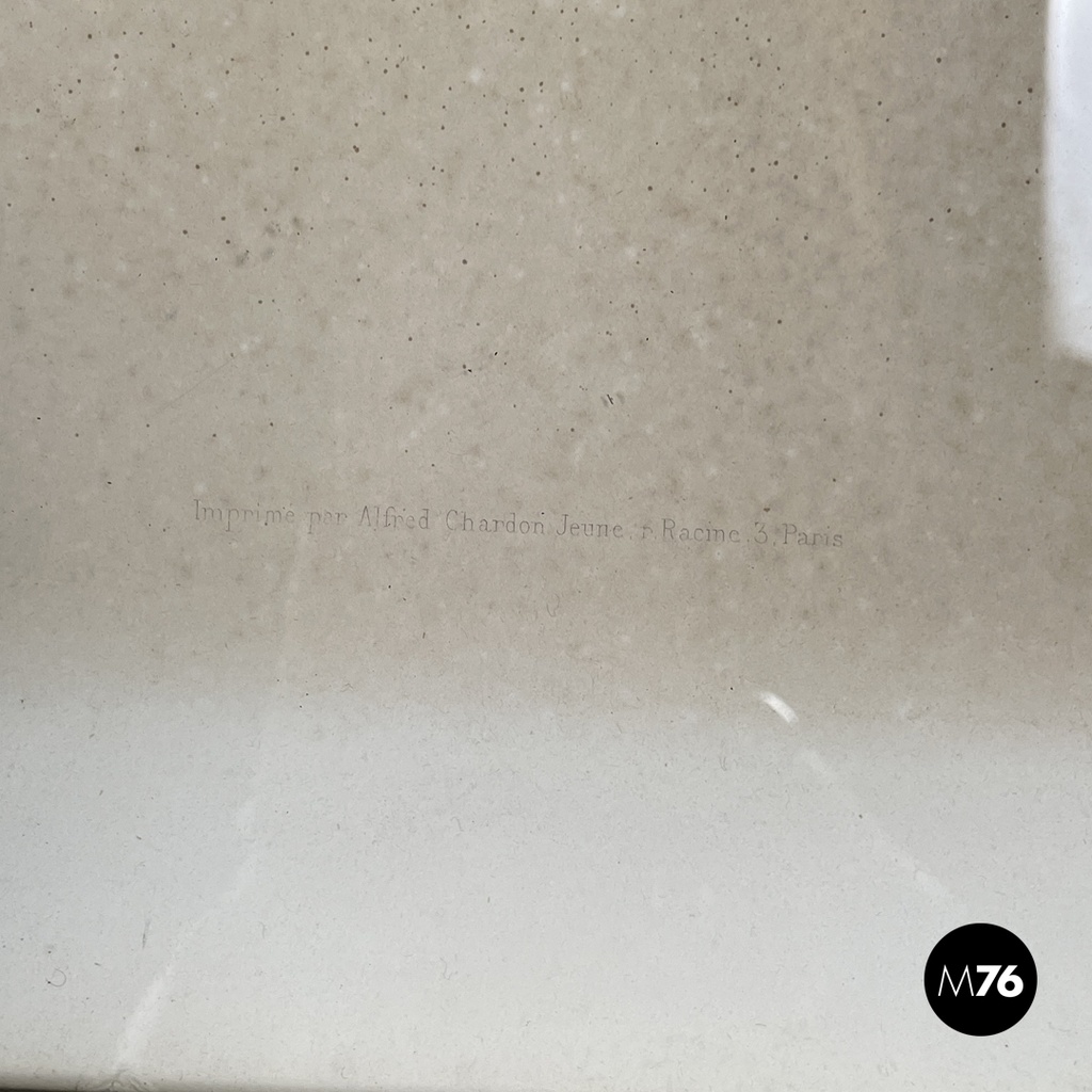 English antique etching print with black wood and golden metal frame, 1863