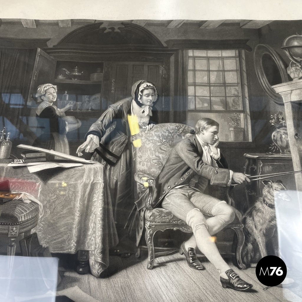 English antique etching print with black wood and golden metal frame, 1863