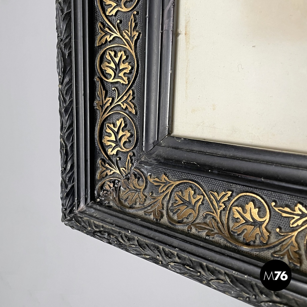 English antique etching print with black wood and golden metal frame, 1863