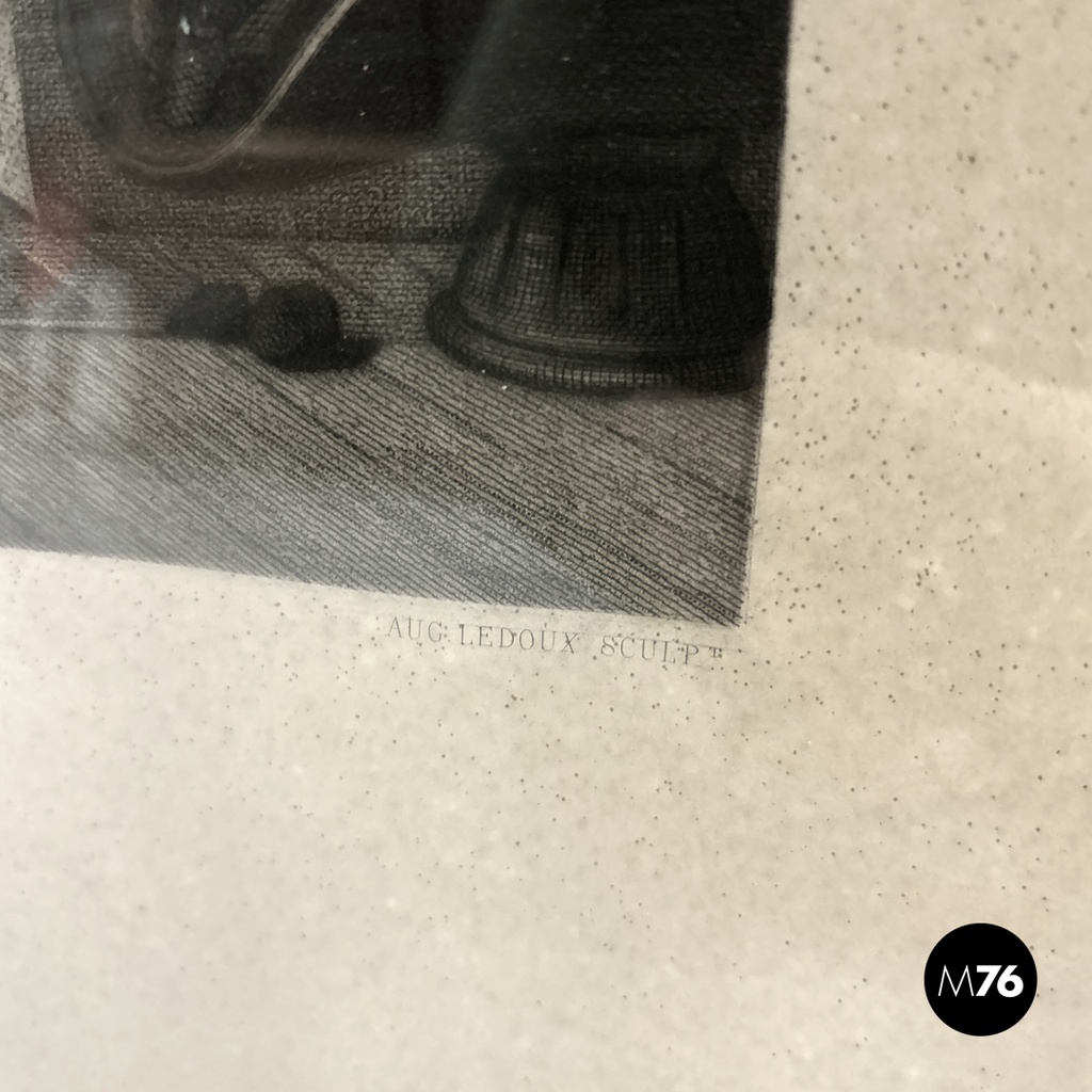 English antique etching print with black wood and golden metal frame, 1863