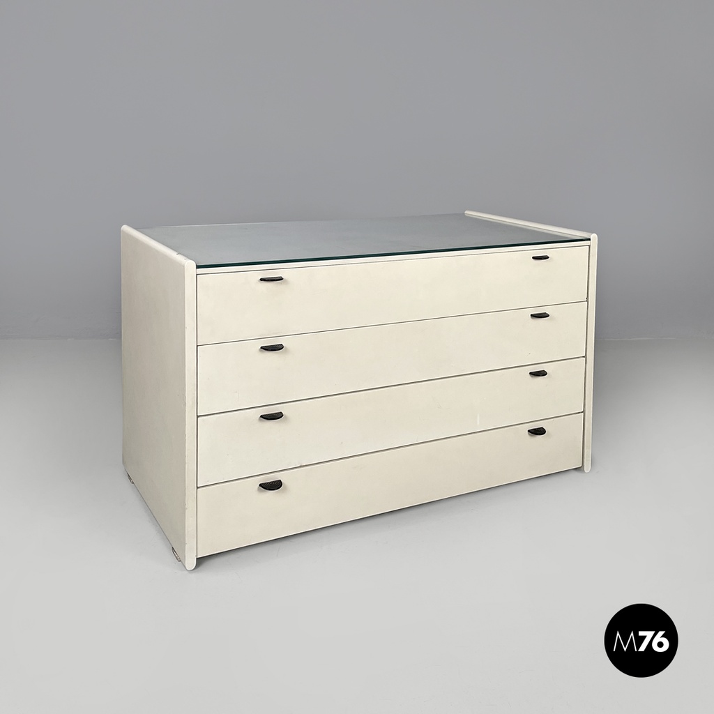 Italian post-modern white wood chest of drawers with black plastic handles 1980s