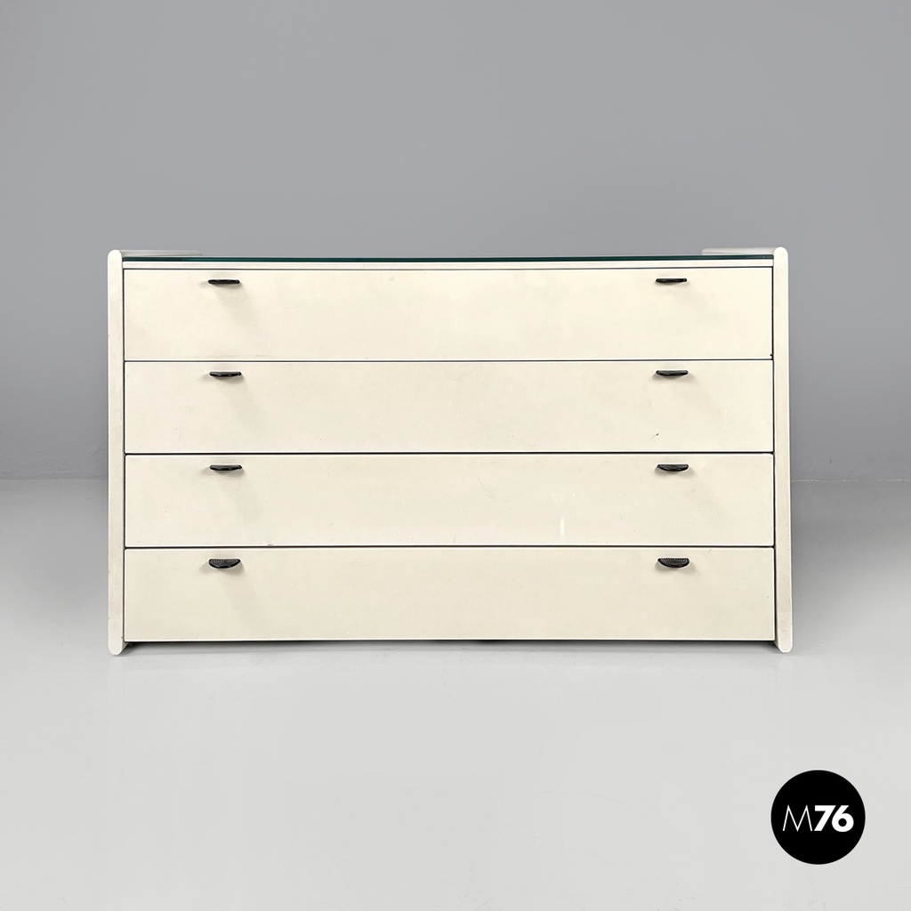 Italian post-modern white wood chest of drawers with black plastic handles 1980s