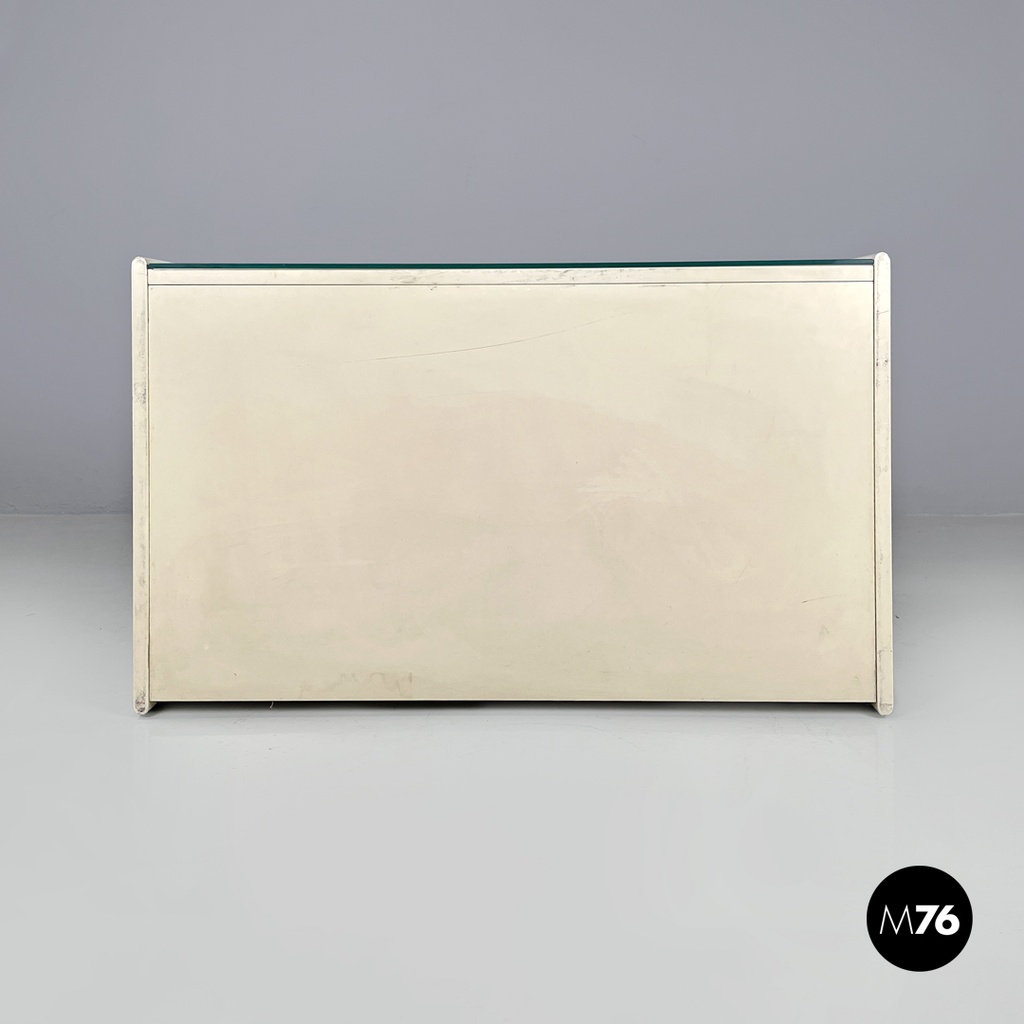 Italian post-modern white wood chest of drawers with black plastic handles 1980s